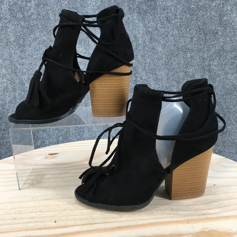 Qupid 靴子女式 6 踝靴黑色人造皮革粗跟流苏 — 第 2/4 张图片