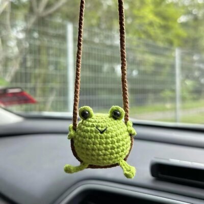 Crochet Swinging Frog Car Mirror Hanging Accessories, Cute Car Decorations fo...