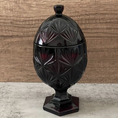 Luminarc Ruby Red Egg Shape Pressed Glass Pedestal Covered Candy Dish 9''