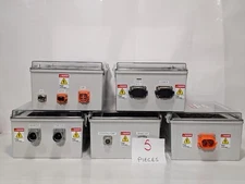 Plastic electric box, clear cover, 15 x 12 x 8 in, with assorted plugs as shown