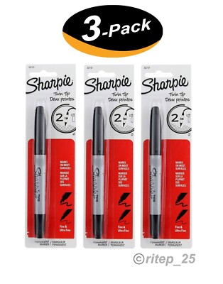 Sharpie Twin Tip Permanent Black Marker, Fine & Ultra Fine Point 2 in 1 (3 Pack)