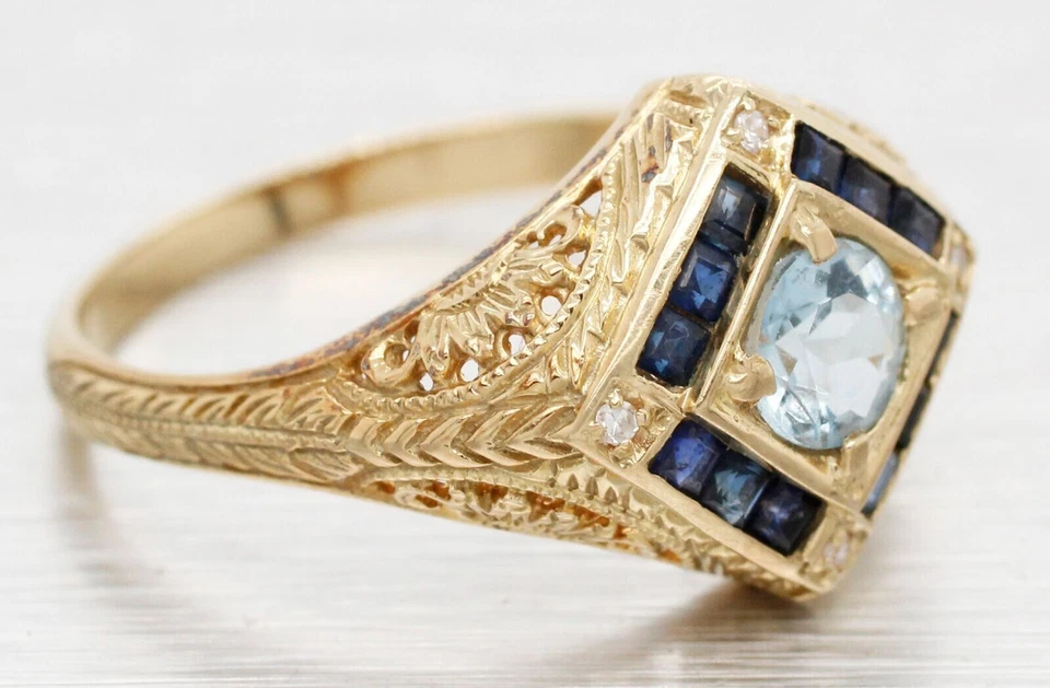 Alianza de filigrana vintage de 2,1 quilates aguamarina simulada de oro amarillo de 14 k Foto 2 de 4