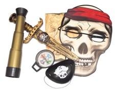 PIRATE PLAY SET PACK SET OF MASK DAGGER TELESCOPE COMPASS EYEPATCH MAP PAPER