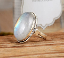 Rainbow Moonstone Ring, Sterling Silver Rings for Women, Boho Simple Ring