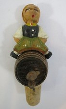Vintage German Articulating Wine Cork Stop Girl Sitting Wine Barrel Hand Carved