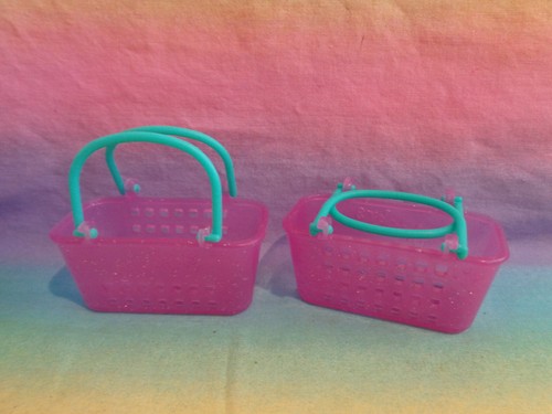 2 Mini Shopkins Pink Sparkly Shopping Handled Baskets Dollhouse Accessories