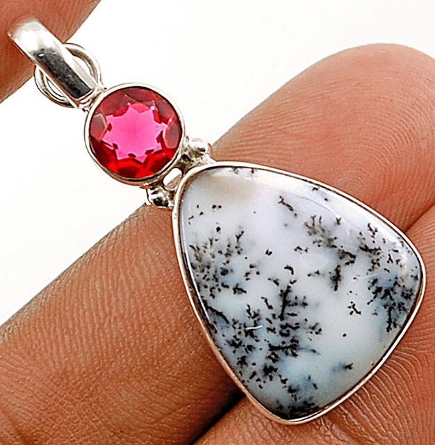 Natural Winter Dendrite Opal & Tourmaline 925 Sterling Silver Pendant