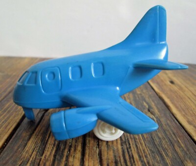 Plasto of Finland Blue Plastic Small Toy Airplane Passenger Jet White Wheels