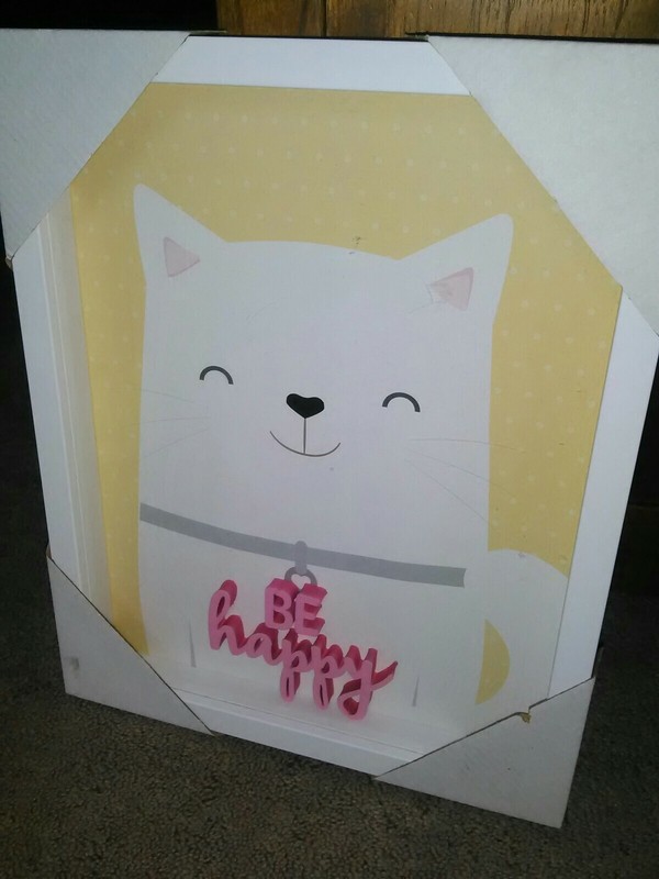 Framed Cat Wall Picture Home Decor by Edge Home * Brand New! * Reads "Be Happy" 