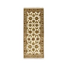 2'6"x6'2" White Rajasthan Leaf Design Hand Knotted Wool & Silk Runner Rug R75626