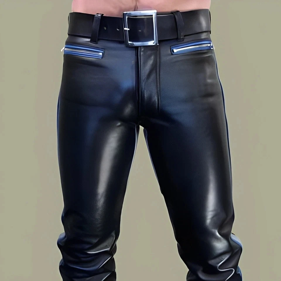 Men's Real Cow Soft Leather Black & Grey Biker Pant With Grey straps Sexy Pant