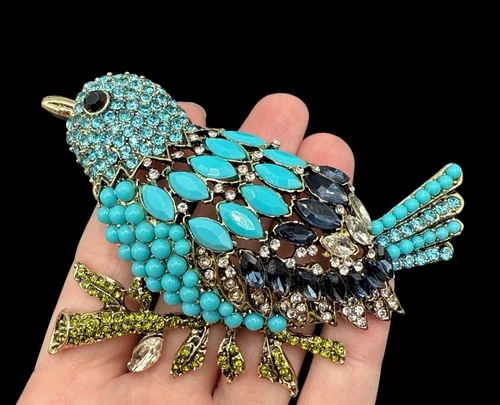 HUGE Bird Brooch Pin Blue Rhinestones J15