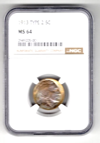 1913 P T2 ~BUFFALO NICKEL ~ NGC MS64 WITH ORIGINAL COLORFUL TONING ~ 1 TIME IN
