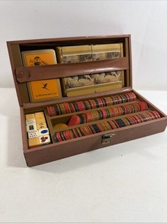 Antique Bakelite Poker Chips Green Red Butterscotch with Cards Dice & Case