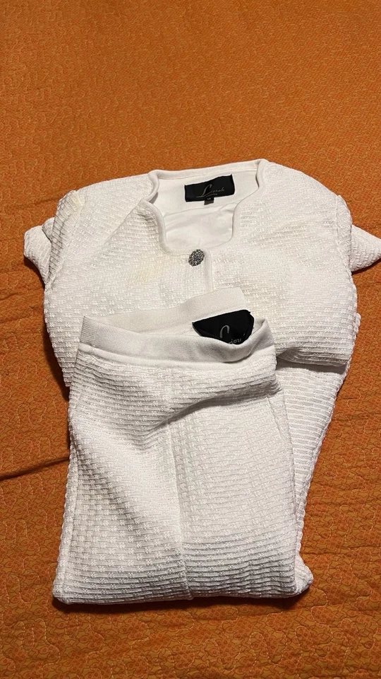 Liorah Exclusive White Knit Skirt Suit w/Studs and Rhinestones, Size 14 - Image 2 of 4