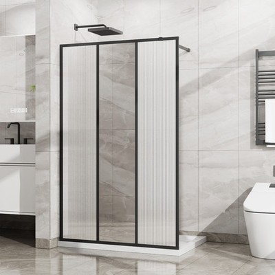 46''Wx72''H 3-Panel Fixed Shower Door, Center Mirror+Fluted Glass, 5mm Tempered, B
