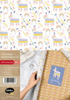 Geschenkpapier-Set für Kinder: Lama-Pinata | 4x Einzelbögen + 1x Postkarte