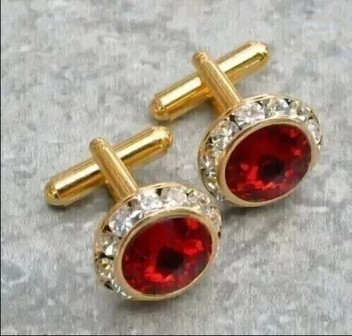 4Ct Round Lab-Created Red Ruby Men's Cufflinks 14K Yellow Gold Plated Silver