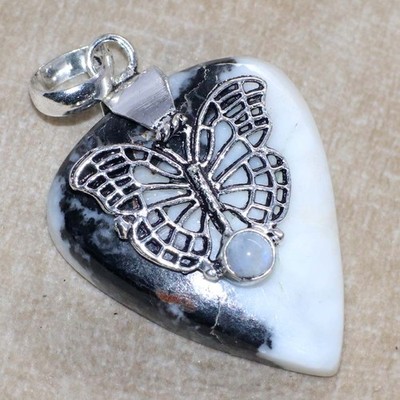 925 Silver Plated White Buffalo Turquoise Rainbow Moonstone Pendant 2'' Trendy GW
