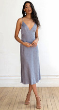Jenny Yoo Collection Blue Satin Jacquard V-Neck Backless Midi Slip Dress 14