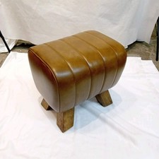 Leather Pommel Footstool Tan Brown Wooden Legs Vintage Style Ottoman