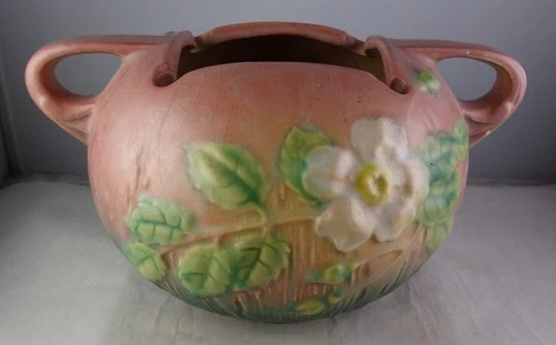 Roseville Art Pottery 387-4" Handled White Rose Vase