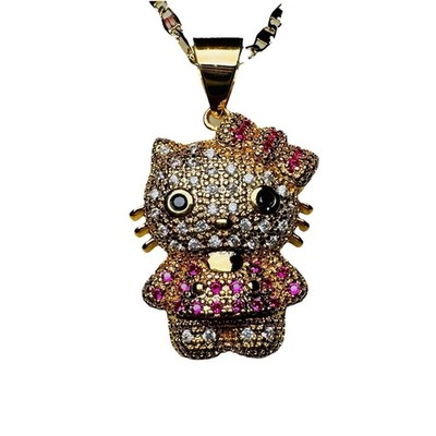 Hello Kitty Rhinestone Pendant Gold Tone Necklace