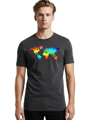 World-Map-Gradient Mens Graphic Tee, 100% Cotton, Casual Summer Wear