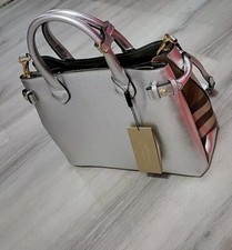 Burberry London Silver Check Housecheck Medium Banner Tote Handbag Leather Bag