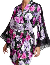 NEW VICTORIA'S SECRET BLACK FLORAL LACE INSET SATIN ROBE SIZE XS/S XS S KIMONO