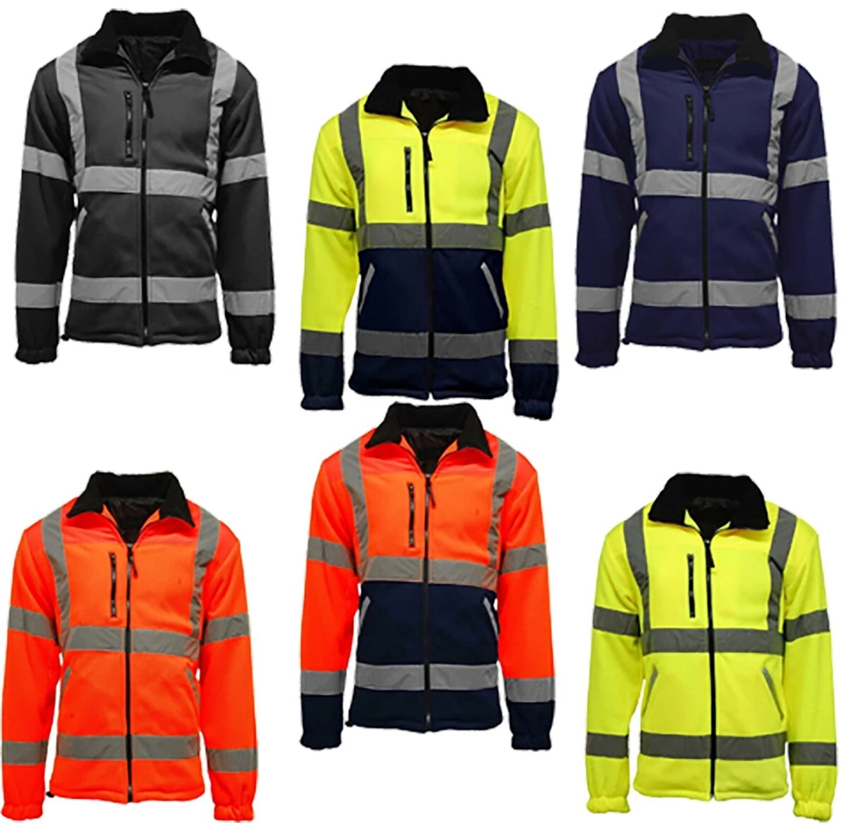 Mens High Visibility Reflective Stripe Zipup Fleece Jacket Work Wear Pocket Coat