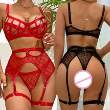 Women's Lingerie Set Fishnet Babydoll Bra Thong Suspender Underwear Se   