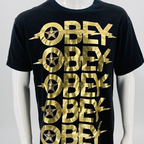 T Shirt Black Gold Foil Obey Logos | eBay