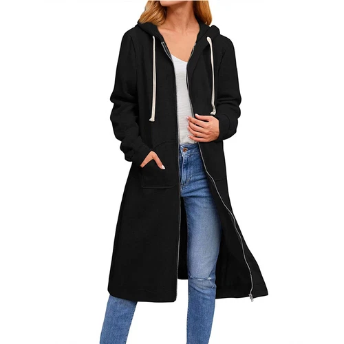 Damen Frauen langer Kapuzen Hoodie Reißverschluss Tasche Pullover Fleece Mantel Sweatshirt Tops - Bild 10 von 21