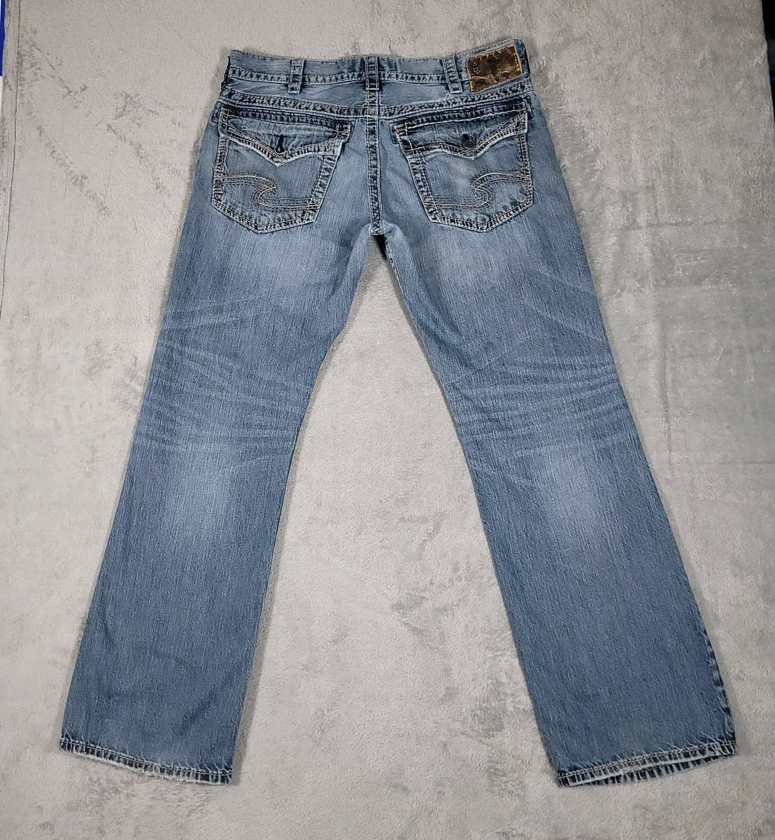 Silver Jeans Zac Flap Mens 37x32 Blue Straight Leg Distressed Light Wash  Denim