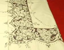 Cutwork Floral Hand Embroidered Tablecloth 90x72" 8 Napkins Cream Gray Vintage