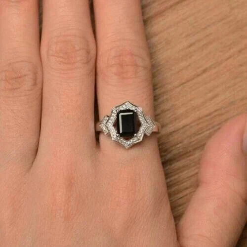 2Ct Emerald Cut Simulated Black Diamond Wedding Halo Ring 14k White Gold Plated - Image 3 of 4