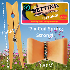 Hardwood Pegs 32 & 64 Packs -  Washing Line Clothes Pegs Strong 7 Coil Springs.