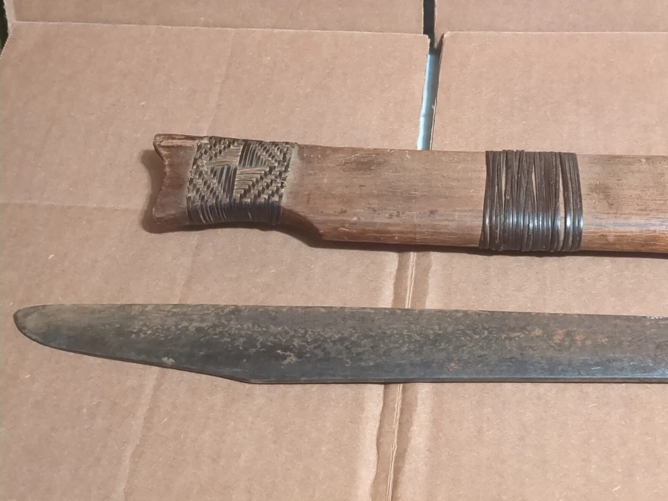 Antique Indonesian Dayak Mandau Short Sword Knife Horn/Bone Handle W/ Scabbard - Image 4 of 4