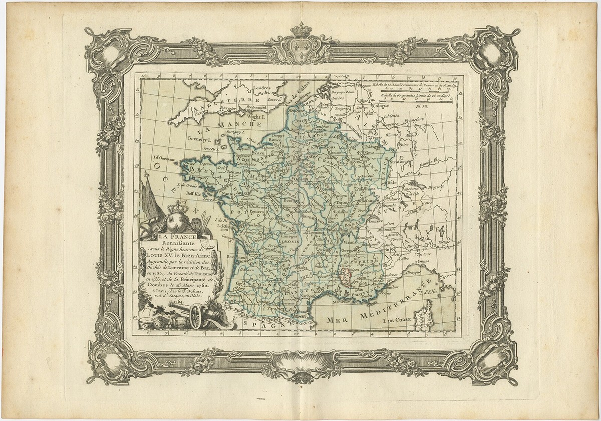 フランスアンティーク　MAP Antique Map of France under the reign of Louis XV by Zannoni (1765