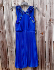 ADRIANNA PAPELL BEADED PLEAT CHIFFON SLEEVELESS DRESS SAPPHIRE BLUE Size 8 NWT