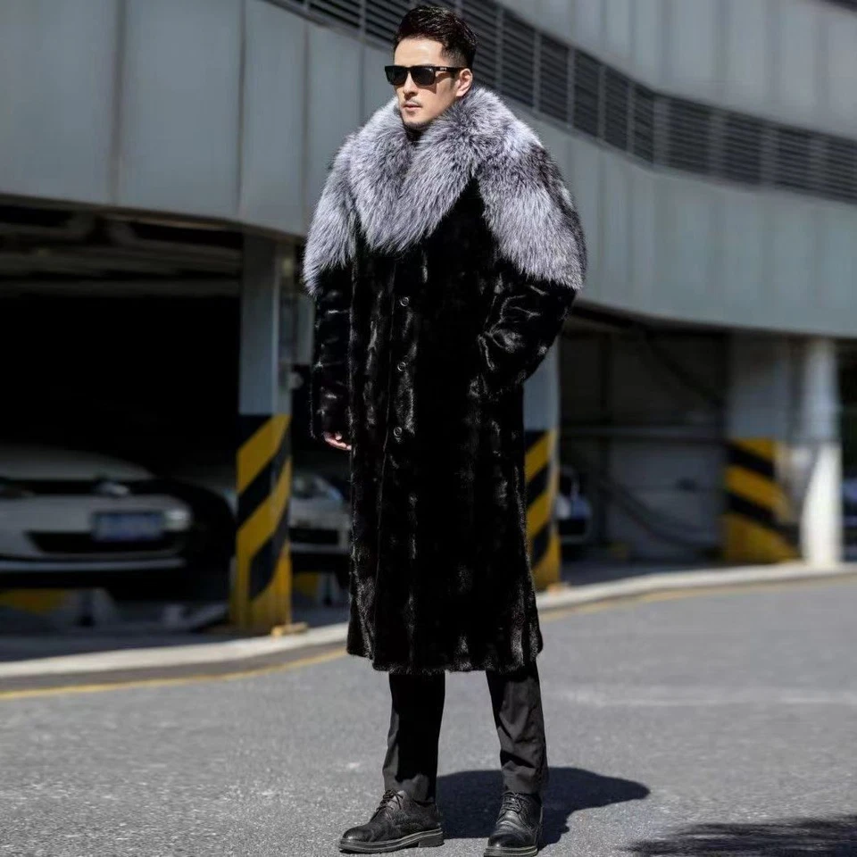Abrigo largo de invierno para hombre de negocios de piel de visón chaqueta cortavientos gruesa de moda Foto 4 de 4