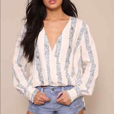 MINKPINK Sundowner Wrap Blouse Pink/Black Striped Surplice Neck Size Sm