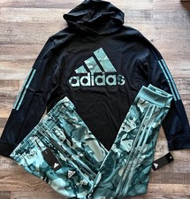 NWT Adidas Boys YXL Green/Black L/S Hooded Camouflage Jogger Pants Set XL