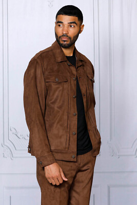 NWT SIZE 5X, CASUAL BROWN 2PC VEGAN SUEDE JACKET & PANTS SET LIGHTWEIGHT
