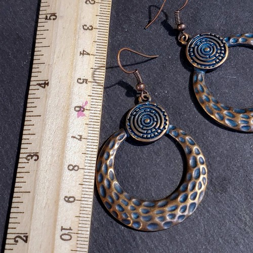 Antique Copper Verdigris Blue Green Patina Hammered Open Round Earrings - Picture 6 of 6