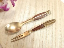 VINTAGE SIAM THAILAND COCKTAIL FORK AND SPOON Wood / Brass Gold