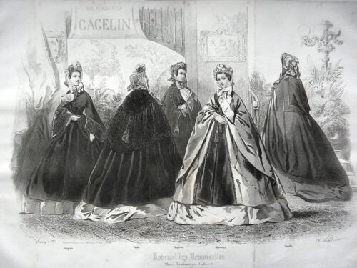GRAVURE ANCIENNE MODE 19e - JOURNAL DES DEMOISELLES OCTOBRE 1861 - GRAND FORMAT - Afbeelding 1 van 1