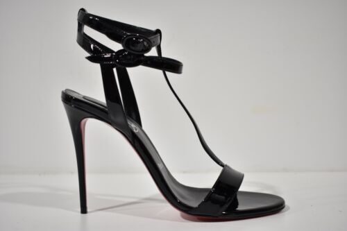 Christian Louboutin Mara 100 Black Patent Sandal Ankle Strap Open