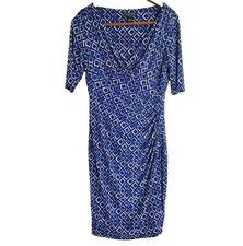 Lauren Ralph Lauren Dress Womens 8 Faux Wrap Blue Surplice Neckline Stretch LRL